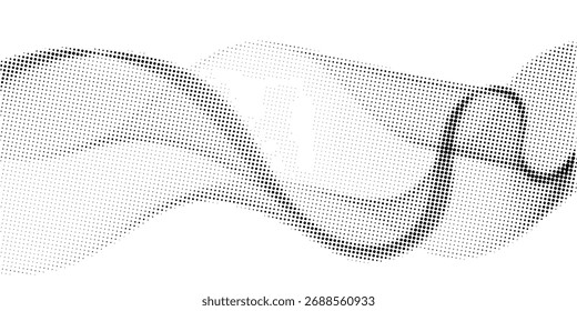 Flowing dots particles wave pattern 3D curve halftone black gradient curve shape isolated on white background. Vector in concept of technology, science, music, modern	
