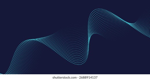 Flowing dots particles wave pattern in blue green colors. Vector curve light line. Abstract background banner design for music, Ai technology, neural network concept. Eps10