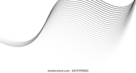 Flowing dots particles wave pattern 3D curve halftone black gradient curve shape isolated on white background. Vector in concept of technology