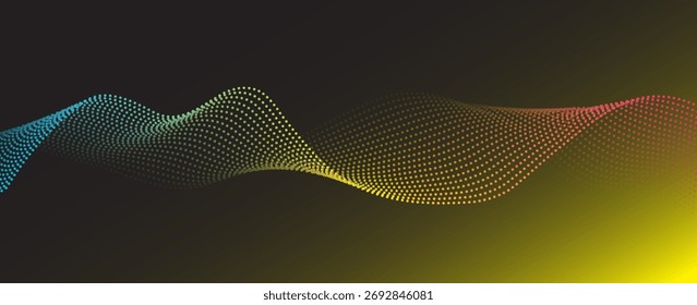 Pontos fluindo partículas padrão de onda rosa e azul isolado em amarelo, laranja gradiente de fundo. Vetor em conceito de tecnologia, ciência, música, moderno