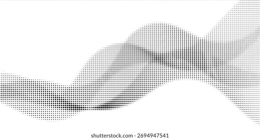 Flowing dots particles wave pattern halftone gradient curve shape isolated on white background	