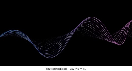 Flowing dots particles wave pattern pink and blue isolated on black, background. Vector in concept of technology, science, music, modern.