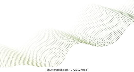 Flowing dots particles wave pattern green and yellow isolated on yellow, orange background gradient. Vector in concept of technology, science, music, modern