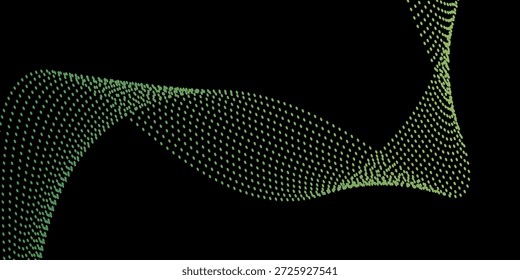 Pontos fluindo partículas padrão de onda verde e amarelo isolado no amarelo, laranja gradiente de fundo. Vetor em conceito de tecnologia, ciência, música, moderno