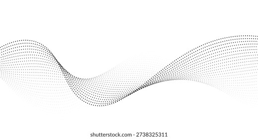 Flowing dots particles wave pattern halftone gradient curve shape isolated on white background. Vector in concept of technology, science, music, modern.