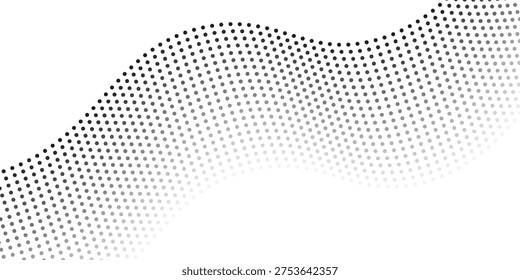 Flowing dots particles wave pattern halftone gradient curve shape isolated on white background. Vector in concept of technology, science, music, modern.