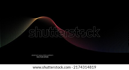 Flowing dots particles wave pattern colorful spectrum light isolated on black background. Vector in concept of AI technology, science, music.