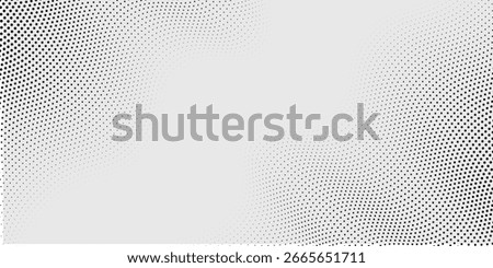 Flowing dots particles wave pattern halftone gradient curve shape isolated on white background. Vector in concept of technology, science modern 