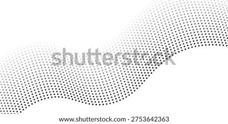 Flowing dots particles wave pattern halftone gradient curve shape isolated on white background. Vector in concept of technology, science, music, modern.