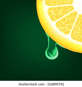 Flowing down drop on a lemon segment. Vector background