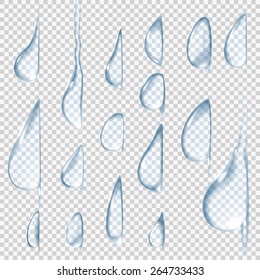 Flowing down drops.Transparent vector water drops set. Can be applied for any background without losing visibility