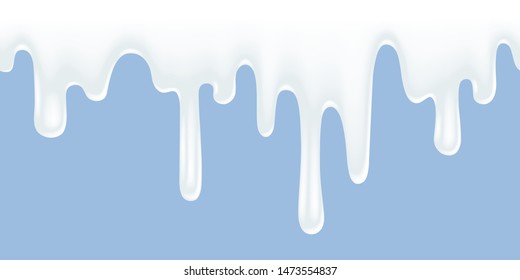 Leche o yogur flotando aislados en fondo azul claro. Patrón horizontal sin soldadura. Ilustración del vector