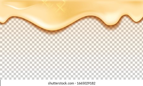 Flowing Down Vanilla Or Caramel Taste Cream Vector. Delicious Milk Cream Drip Ingredient For Wafer Biscuit Or Cookie Dessert. Confectionery Glaze Concept Template Realistic 3d Illustration