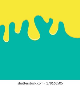 Flowing down yellow paint. Blue background. Template. Vector illustration.