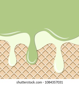 Flowing and dripping green tea or Ice cream green tea and Ice cream vanilla or milk cream on wafer or waffle. Wafer and Ice cream background. vector illustration background.