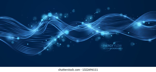 Flowing energy particles, wave of blended dots over dark. Curved dotted 3d lines vector illustration. 3d futuristic technology style with glowing shining effect.