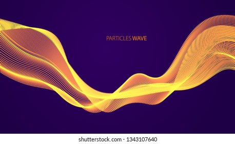 Flowing energy particles, wave of blended dots over dark. Curved dotted 3d lines vector illustration. 3d futuristic technology style with glowing shining effect.