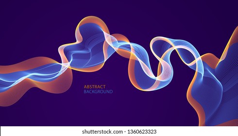 Flowing energy particles, wave of blended dots over dark. Curved dotted 3d lines vector illustration. 3d futuristic technology style with glowing shining effect.