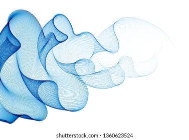 Flowing energy particles, wave of blended dots transparent tulle textile on wind. Curved dotted 3d lines vector effect illustration. 3d futuristic technology style.