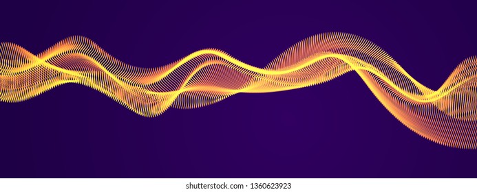 Flowing energy particles, wave of blended dots over dark. Curved dotted 3d lines vector illustration. 3d futuristic technology style with glowing shining effect.