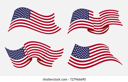 Flowing flat american flag vector illustration. Flying waving usa flags isolated on white background