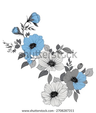 Flowing floral clusters with sweeping stems and hand-drawn line work, featuring soft blue and white petals on a White plane. Romantic and expressive, ideal for chic stationery and fashion fabrics.