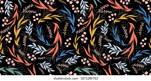 Flowing Foliage Seamless Pattern. Blooming meadow With trendy color background. A Pattern for fashion, print and wallpaper. 