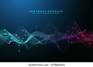 Flowing geometric abstract background with connected lines and dots. Connectivity flow point. Molecule and communication background. Graphic connection background for your design. Vector illustration.