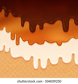 Flowing glaze on wafer texture. Liquid chocolate and cream. Sweet food vector background. Abstract. Melt icing ice cream on waffle seamless pattern. Editable - Easy change colors.