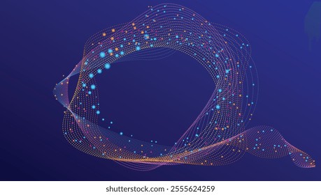 Flowing glowing dots particle, wave frame. Halftone gradient curve round shape isolated on blue background.