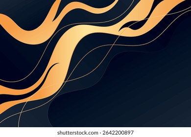 Flowing gold wave lines twist and swirl on a deep dark backdrop creating a rich and dynamic abstract background