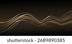 Flowing golden wave patterns with luminous glow effect on black background for luxury design or elegant branding. Silk curves and abstract light streams. Premium wallpaper with magic flow ribbon.