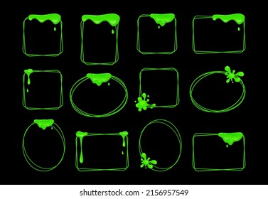  Flowing green slime set of frames. Viscous dripping liquid. Vector cartoon illustration.