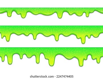 Flowing green sparkling slimes, slime texture. Seamless top banner, slimy repeatable border, vector jelly design elements in cartoon style, isolated on white background.