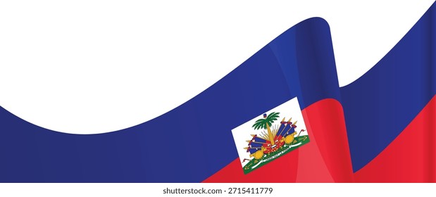 Fluxo bandeira haitiana design, cores vibrantes e emblema nacional exibido.