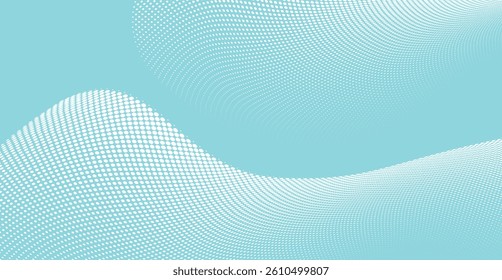 Flowing halftone dotted wave on sky blue background – abstract vector design