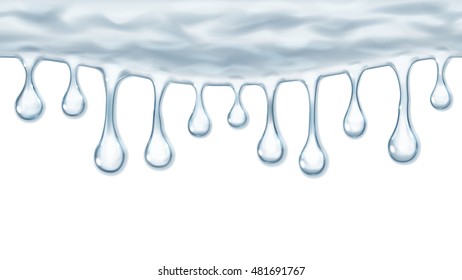 Flowing or hanging seamless repeatable opaque drops in light blue colors on white background