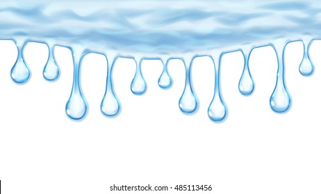 Flowing or hanging seamless repeatable opaque drops in light blue colors on white background