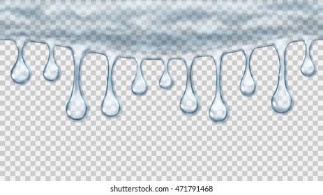 Flowing or hanging transparent drops in light blue colors