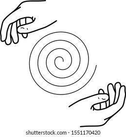 Flowing healing energy between two hands. Vector outline icon.