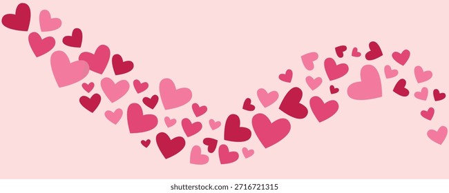Corazones que fluyen bordean sobre fondo rosa suave. Ola de amor romántica hecha de Formas de corazón para Anuncios, carteles y diseños de redes sociales del Día de San Valentín. Ilustración vectorial plana.