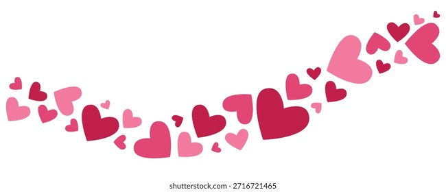Corazones que fluyen borde de la onda aislado en el fondo blanco. Decoración romántica del corazón del día de San Valentín para las tarjetas de felicitación, los Anuncios, los carteles y los diseños de la boda. Ilustración vectorial plana.