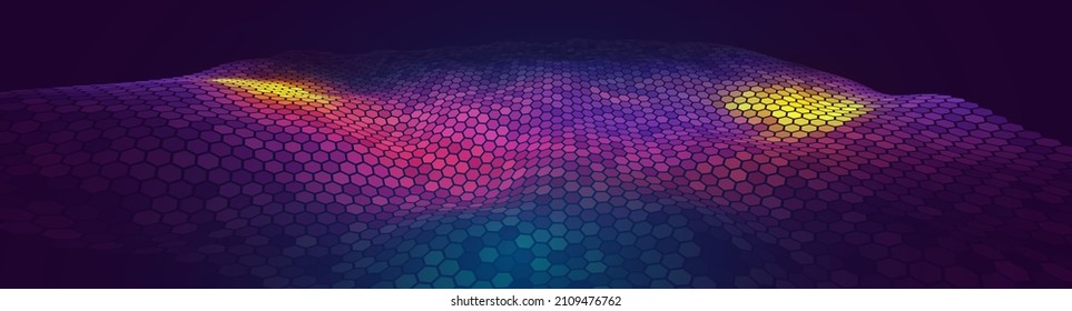 Flowing Hexagonal Grid Waves Banner. Music Abstract Tech Background. Vector Sound Wave Technology Concept. Audio Equalizer 3D Visualization. EPS 10.