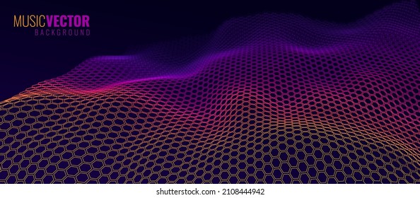 Flowing Hexagonal Grid Waves. Music Abstract Tech Background. Vector Sound Wave Technology Concept. Audio Equalizer 3D Visualization. Vector Abstract Background.
