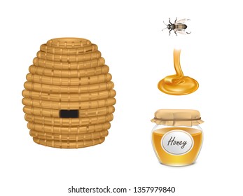 Flowing honey, glass jar with fabric cover, beehive and bee insect 3d realistic vectors. Beekeeping industry objects set isolated on gradient background. Natural, organic food product illustration