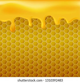 Flowing honey on yellow hexagonal realistic honeycomb seamless texture.