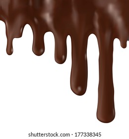 Flowing hot chocolate dripping, isolated on white background. 