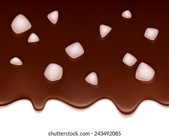 Flowing hot cocoa or chocolate with marshmallows. Sweet drink.