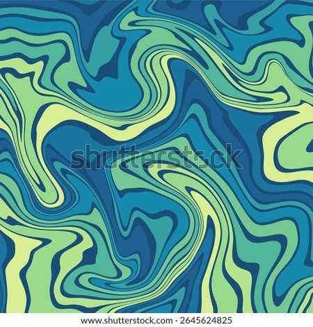 A flowing, hypnotic pattern of blue and green wavy lines resembling liquid or marble texture in a seamless psychedelic style.