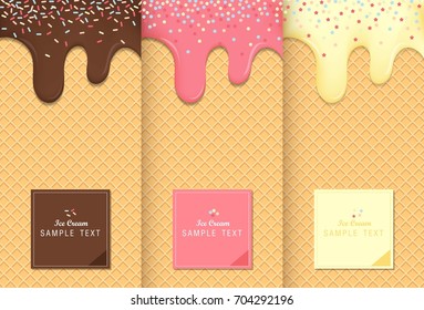 Flowing ice cream on wafer texture sweet food vector background design.